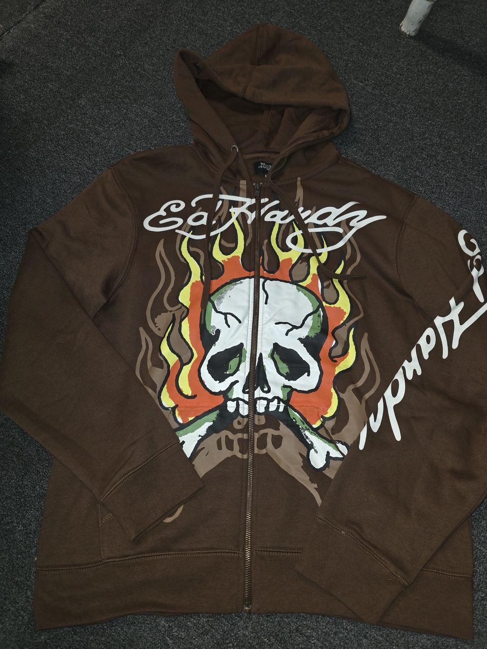Ed Hardy Brown Skull Flame Zip Hoodie